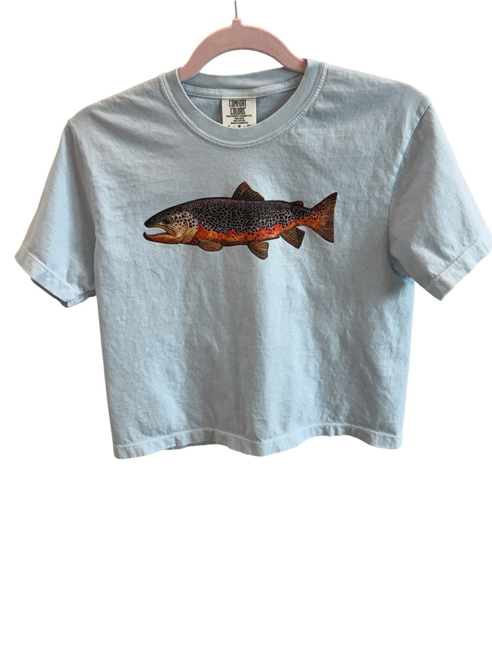 NWOT Comfort Colors Pale Blue Boxy / Cropped Tee with Trout Graphic Sz S